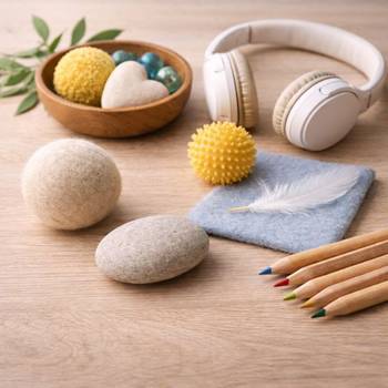 Objets sensoriels pour enfants et adolescents : balle antistress, crayons, casque audio
